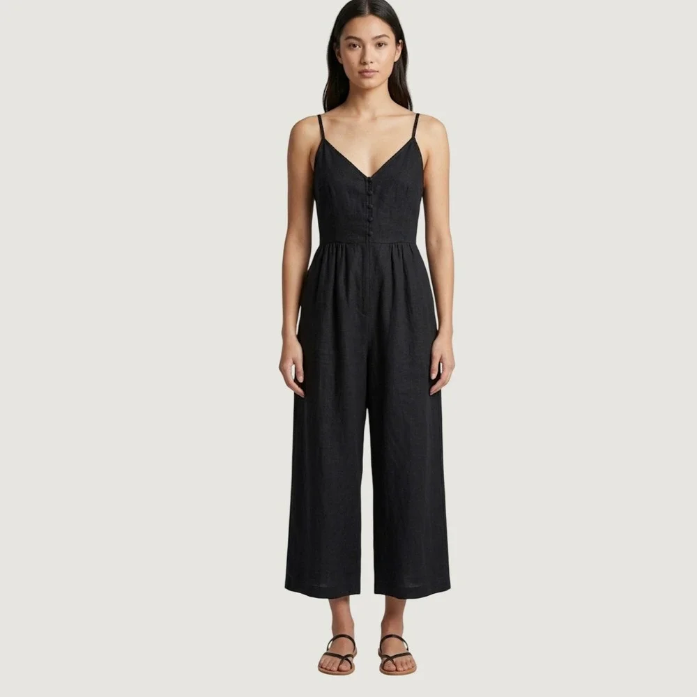 Olivaceous Black Ramie Cotton Wide Leg Jumpsuit Small Sleeveless Summer Beach